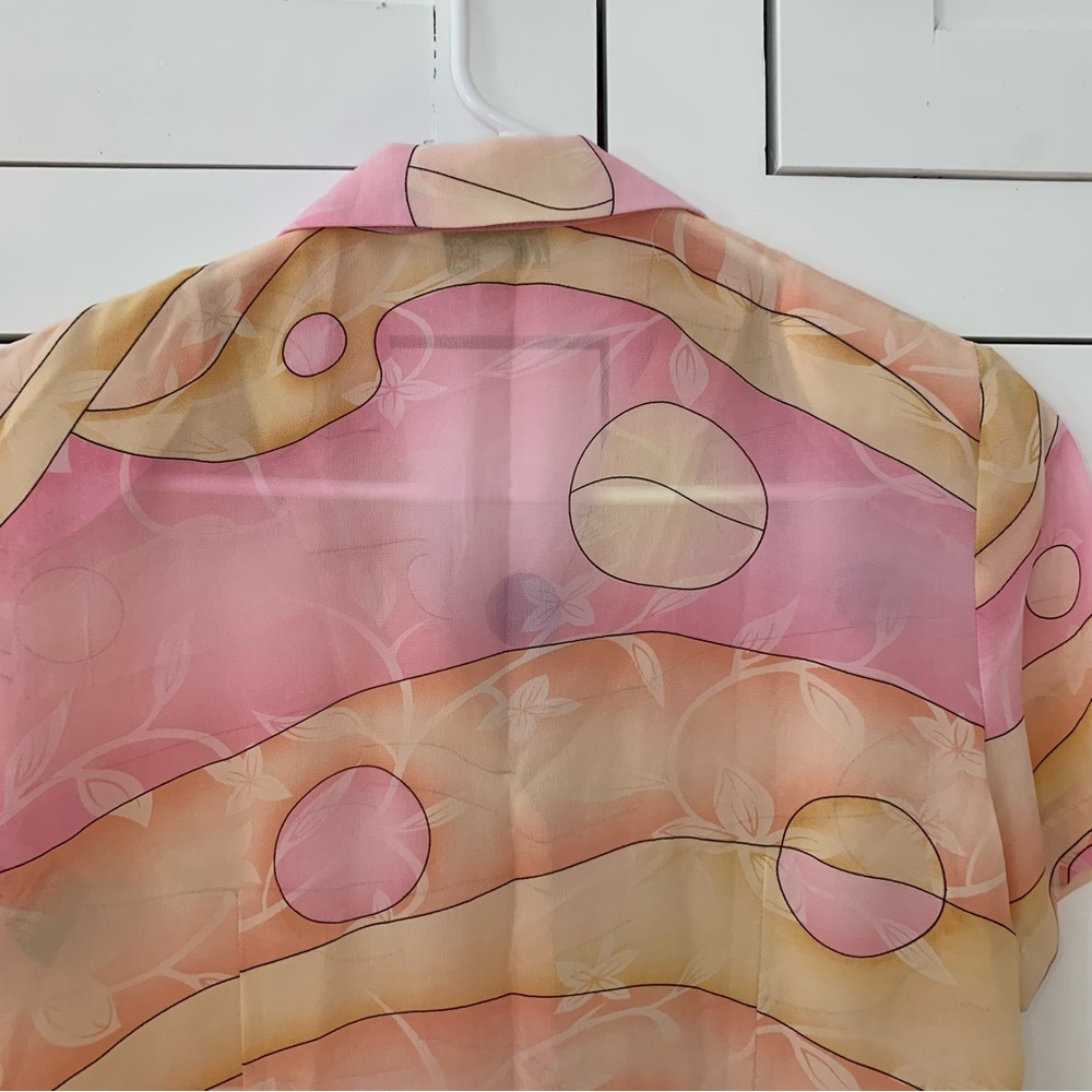 Tung Tai Pink/Yellow Sheer Button Up Collar Shirt Size Medium - Picture 5 of 7